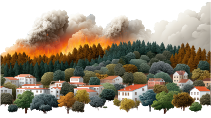 Fire engulfs Townscape: Flames consume a forest, casting a stark glow over a tranquil town nestled amongst vibrant trees, illustrating the dramatic juxtaposition of natural disaster and human life.