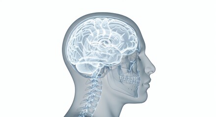 Human Brain Illustration Side Profile in Medical Style with Nervous System