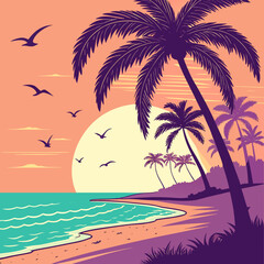 Tropical sunset vector. Features palm trees, birds, colorful sky, and calm ocean. Perfect for vacation, travel, and summer themes.

