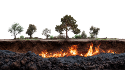 Earth's Fiery Revelation: A cross-section revealing trees above a roaring fire, depicting the raw power of the earth, inviting contemplation of our planet's core