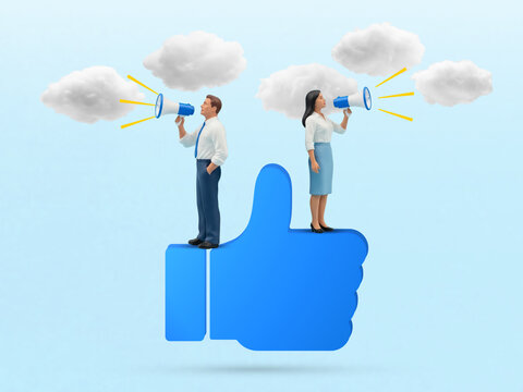 Business Communication in the Cloud Era: Professionals Amplifying Messages on Thumbs-Up Symbol