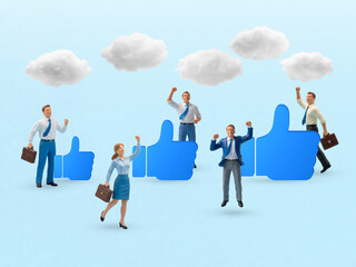 Celebrating Team Success and Approval: Business Professionals with Thumbs-Up Symbol in Sky