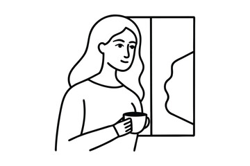 Woman holding a cup of coffee and looking out the window