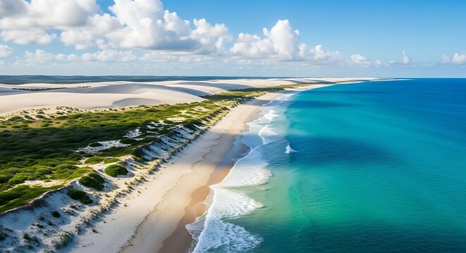 Aerial view of pristine sandy beach with dunes and lush vegetation in coastal paradise