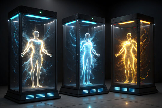 Three futuristic humanoid figures encased in illuminated sci fi pods with glowing energy