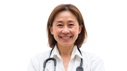 Friendly female doctor with a stethoscope smiling on a white isolated background.