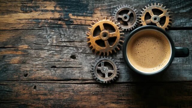 A black espresso mug filled with frothy latte and decorative cream, resting on a rustic wooden surface amidst various mechanical gears and screws.