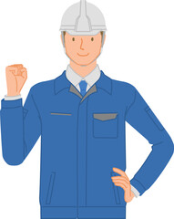 Business Image: Smiling Young Man in Work Clothes Making a One-Handed Fist Pump