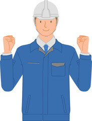 Smiling Young Male Worker in Workwear and Helmet Raising Both Fists in Cheer Pose
