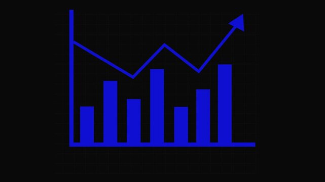 Business statistics animation. Market decline and recession visual with blue bars. Stock market performance animation. Blue bars with downward arrow and recession trend.