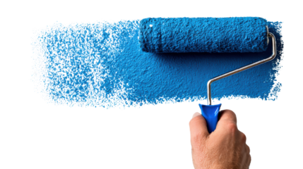 Hand holding paint roller applying blue paint on wall, creative home improvement, isolated background