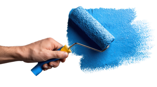 Hand holding a paint roller applying blue paint on a wall.