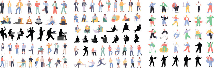 Diverse Group of People Standing, Sitting, and Using Laptops in Colorful and Silhouette Style