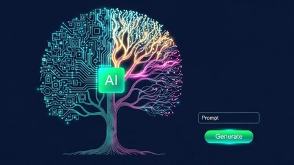 Ai tree symbolizing artificial intelligence and technology growth, with circuit board patterns and a central ai chip, representing innovation and digital transformation in a futuristic concept