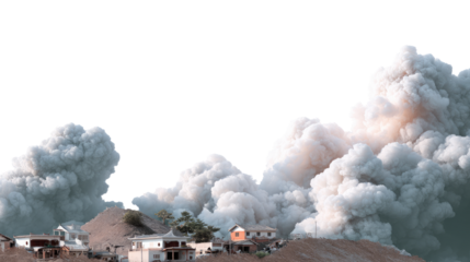 Ash Plumes Above the Settlement: A dramatic scene unfolds as towering clouds of ash erupt from an unseen source, dominating the sky over a settlement.