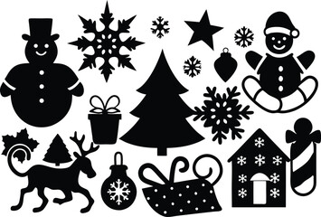 Collection of black christmas silhouettes on white background