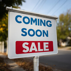 Obraz premium Sign with 'Coming Soon Sale' on a roadside.