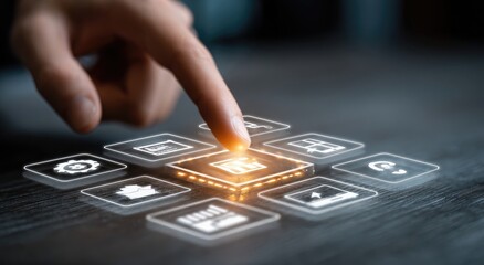 A hand touches a glowing interface of interconnected digital icons