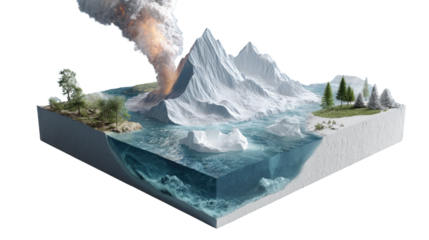 Melting Iceberg: A cross-section perspective of an iceberg, its icy majesty slowly succumbing to the relentless effects of climate change. Explore its underwater depths.