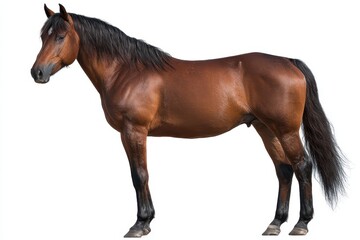 Obraz premium Brown horse portrait standing still in a neutral setting, showcasing its muscular build and shiny coat during daylight hours