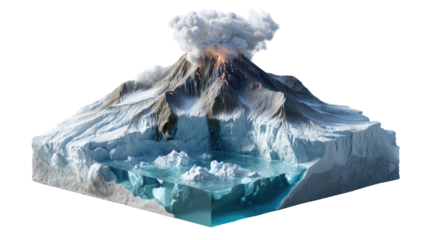 Volcanic eruption and melting ice: A cross-section of a volcanic mountain, revealing a dramatic scene of an erupting volcano and melting icebergs, showcasing nature's power and climate change