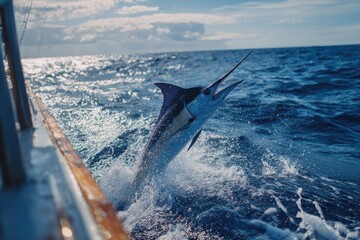 Obraz premium Big game fishing adventure showcases marlin jumping high above ocean waves near the coast as sunlight glimmers on the water's surface