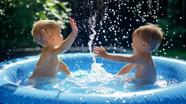 Playful kids enjoying a fun day in inflatable pool under the sun
