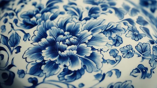 Blue and white porcelain floral pattern plate with ornate flowers. Traditional tea set accessory.