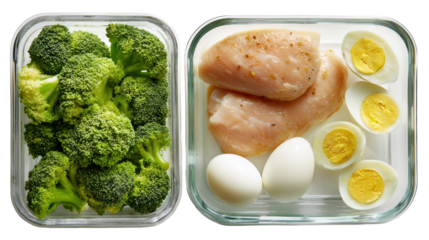 Meal prep containers with broccoli, chicken breast, and boiled eggs for healthy eating.