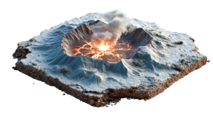 Volcanic eruption: A cross-section model showcases the raw power of a volcanic eruption, with fiery lava and billowing smoke dramatically erupting from the crater.