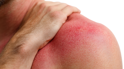 Person experiencing shoulder discomfort with redness on skin, isolated on white background.