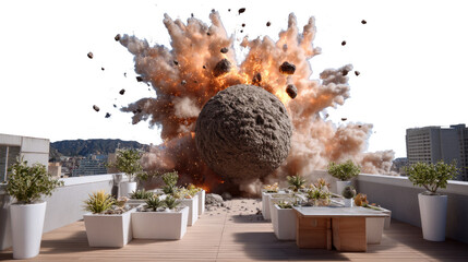 Dramatic Explosion: A visual depiction of an explosive event, a spherical object violently bursts amidst billowing smoke and flying debris.