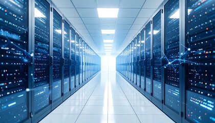 A modern data center aisle with rows of server racks, illuminated by bright overhead lights and featuring blue glowing network lights and data visualizations. 