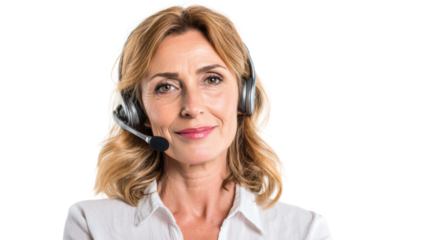 Professional woman with a headset, smiling, looking confident, isolated on white background.