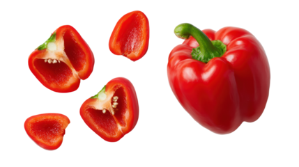 Red bell pepper with sliced pieces, vibrant and fresh, white isolated background.