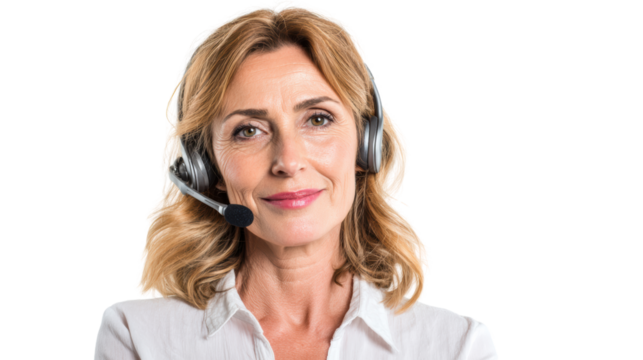 Professional woman with a headset, smiling, looking confident, isolated on white background. - Powered by Adobe