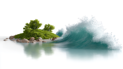 Island with Crashing Wave: An island in serene water experiences the powerful force of a crashing wave, a stunning display of nature's raw power and beauty.