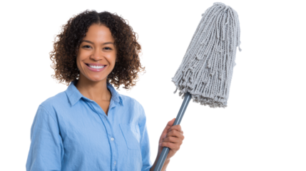 Smiling woman holding a mop, ready for cleaning, on a white isolated background.
