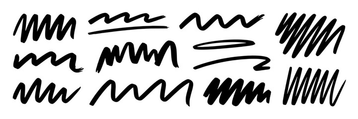 Obraz premium Hand-drawn scribble lines, zigzag, wavy, squiggle, brush stroke collection. Black ink marker pen doodle sketch illustration set on white background. Design elements, underline strokes, abstract graphi