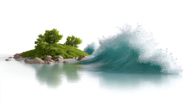 Island with Crashing Wave: An island in serene water experiences the powerful force of a crashing wave, a stunning display of nature's raw power and beauty.