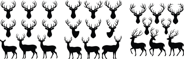 Naklejka premium Silhouette Deer Heads and Full Bodies with Antlers on a White Background Design