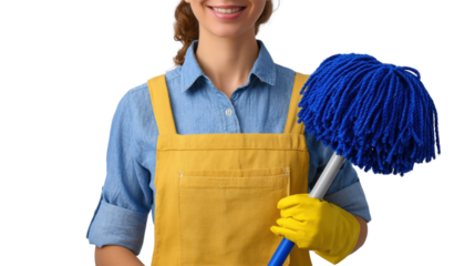 Smiling woman in yellow apron holding blue mop, ready for cleaning, isolated on white background.