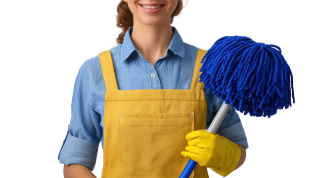 Smiling woman in yellow apron holding blue mop, ready for cleaning, isolated on white background.