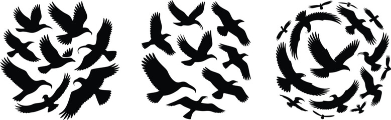 Obraz premium Silhouetted Birds Flying in Circular Formations, Artistic Illustration on White Background
