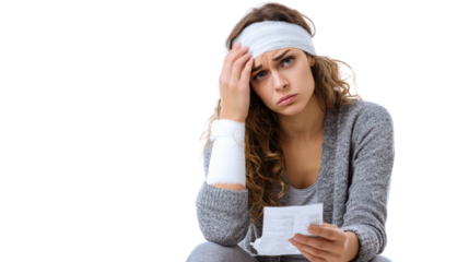 Stressed woman with a head injury sitting on the floor, holding a document, looking concerned.