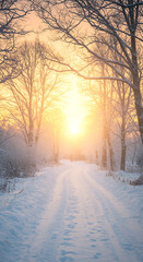 Obraz premium Golden sunbeams pierce through frosty trees illuminating a snow covered path creating a magical winter wonderland scene