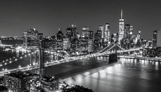 Fototapeta Night view of a city skyline and bridge, in black and white