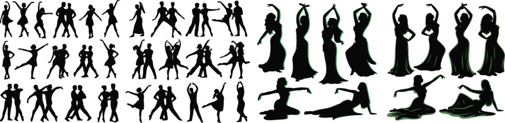 Fototapeta premium Silhouettes of Dancing Couples and Solo Female Dancers in Various Poses Against White Background