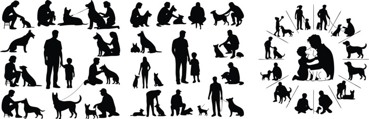 Fototapeta premium Silhouettes of People and Dogs Interacting, Playing, Training, Walking, Petting in Various Poses and Activities
