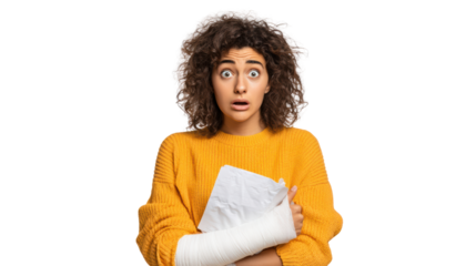 Surprised young woman in a yellow sweater holds a document, with a cast on her arm and an expressive facial expression.